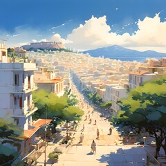 Greek town landscape in acrylics, generative AI