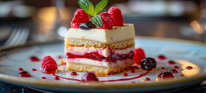 Dessert Cassata Siciliana in restaurant food photography minimalism side view. Dessert in Italy. Dessert Cassata Siciliana Images texture banner postcard horizontal.