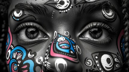 A close up of a woman's face with colorful designs painted on it, AI