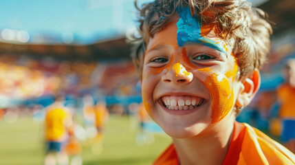Happy child with face paint at a sports event - Powered by Adobe