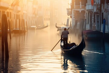 A calm morning in a Venice gondola, Boat on river at morning time © SaroStock