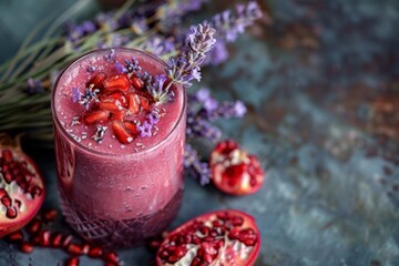 Smoothie with pomegranate seeds and lavender flowers in a glass on a table