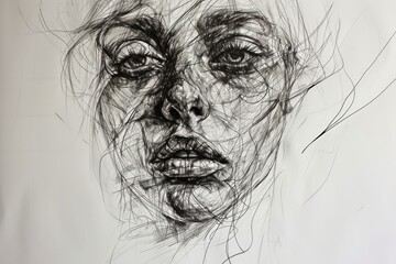 A detailed portrait utilizing only scribbles lines and shading of a women, Line art of girl face on white background