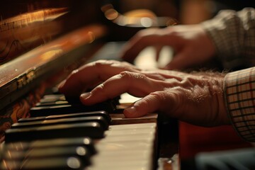 Closeup of a senior's hands gracefully playing the keys of a piano