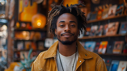 A Young Man Smiles in a Bookstore with Bookshelves in the Background
