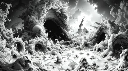 A black and white image of a large wave crashing into the ocean, AI