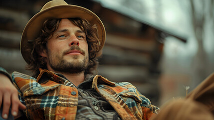 Man with a beard wearing a hat and a colorful shirt, sitting on a wooden porch with a relaxed expression