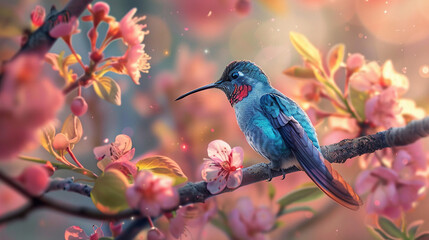 A blue hummingbird perched on a tree branch, that has flowers instead of feathers --ar 16:9 Job ID: ec6ad346-a88f-49df-aa1c-b3f94c0c0478