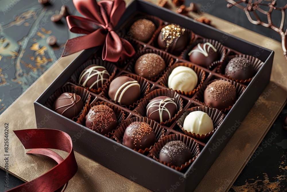 Poster elegant box of chocolate truffles adorned with a vibrant red ribbon, showcasing a luxurious presenta