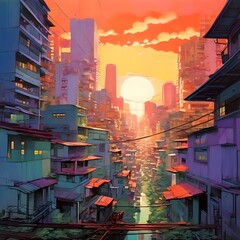 Cityscape encircled by slums acrylic painting, generative AI