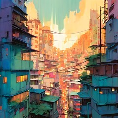 Cityscape encircled by slums acrylic painting, generative AI