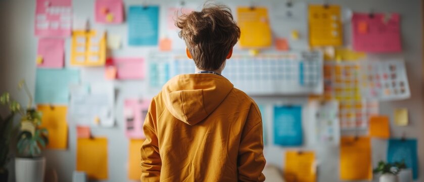 A digital strategist planning a content calendar with holographic interfaces, showcasing creativity and organization in a colorful, minimal workspace. Space for text.