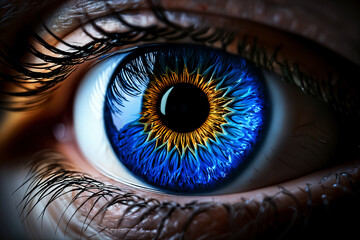 A person's eye, showcasing the intricate details and vibrant colors within it.