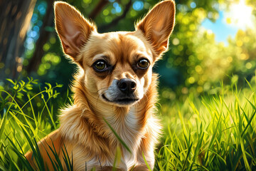 A small, brown chihuahua with large ears and dark eyes, sitting in the grass on a sunny day.
