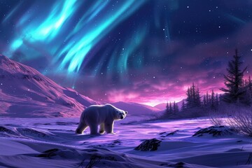 A snowy landscape with a lone polar bear under the northern lights - Powered by Adobe