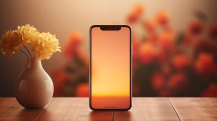Modern Smartphone mockup on Wooden Table with Vase of Flowers in Elegant Lighting.