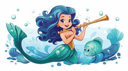 Cute mermaid girl with blue hair swimming in sea pl