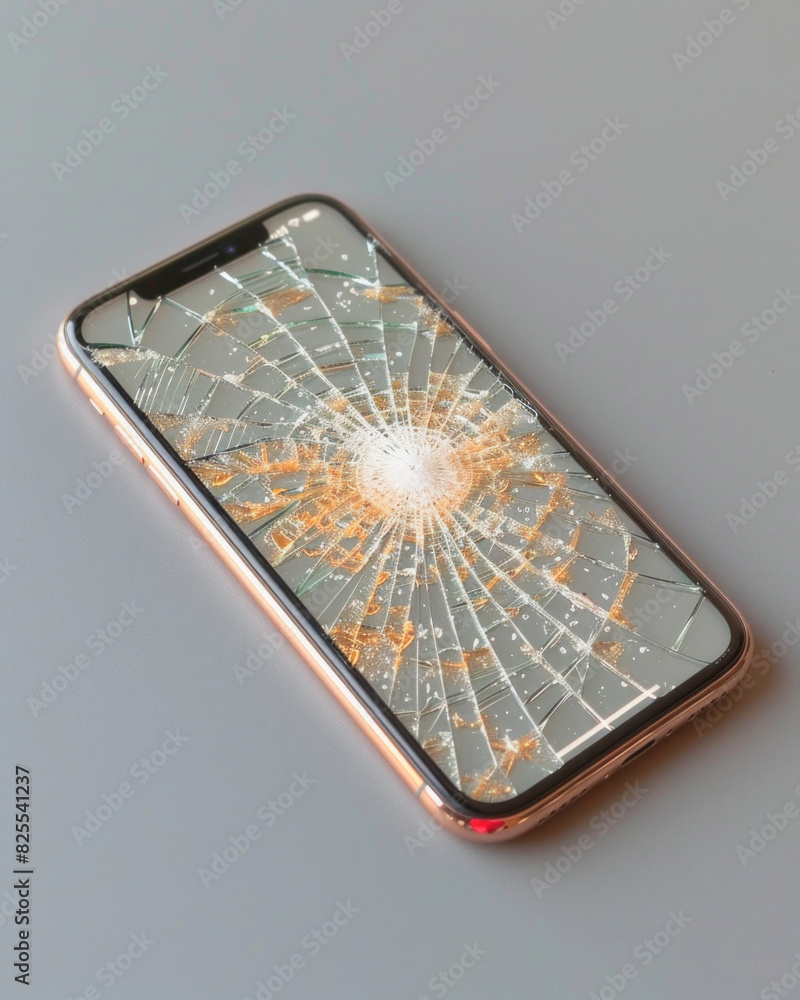 Poster on the table rests a mobile communication device, its screen cracked with a rectangular shape