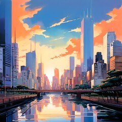 Modern city landscape acrylic painting, generative AI
