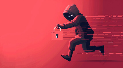A hacker runs with a padlock near shades of Magenta and Carmine during an artrelated recreation