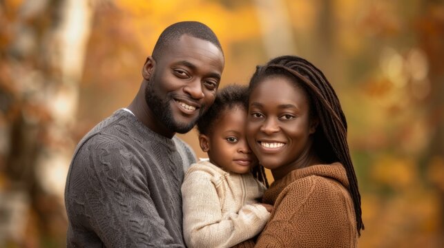 African American family in autumn park. Happy black parents and child in fall scenery. Concept of family bonding, nature, seasonal beauty