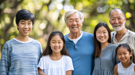 Fototapeta premium Asian family portrait in an outdoor park setting. Group of two elderly men, one young man, and three young girls. Concept of family bonding, multigenerational gathering, happiness