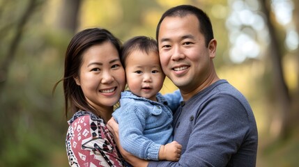 Asian family portrait in a park. Mother, father, and baby boy smiling. Concept of family, happiness, bonding