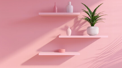Minimalist shelves on a pale pink wall, modern interior.