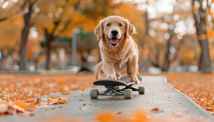 Next to a tree, a carnivorous dog skateboards, exhibiting agility and a playful demeanor