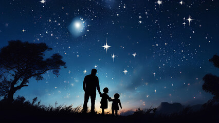 Fototapeta premium Celestial Embrace - Family Silhouette Under a Starry Sky with Crescent Moon Backdrop