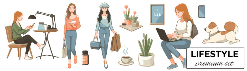  Modern Lifestyle Collection - Premium Set, Contemporary Woman’s Daily Life - Illustration Series, Casual Chic - Female Lifestyle Scenes, Transparent SET of png or vector scenes, flat cartoon vector