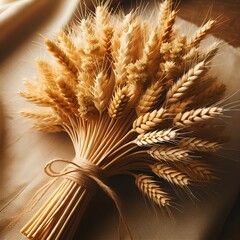 Bouquet of golden wheat ears with mature seeds tied together with a piece of twine