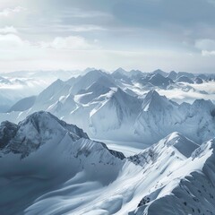 Aerial view of snow-capped mountain peaks in a dramatic landscape.