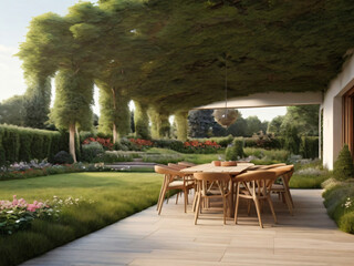 Obraz premium Küstenparadies: Garten, Veranda und Meerblick in Perfektion