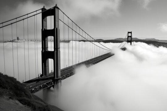 The Golden Gate Bridge shrouded in fog, Beautiful image of a bridge on cloudy weather