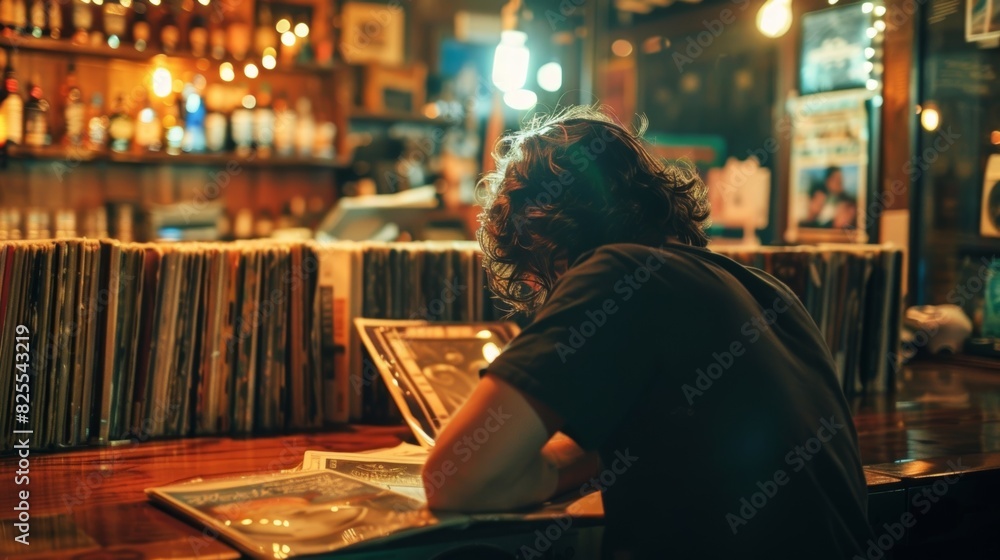 Poster a lone customer sits at the bar intently flipping through a stack of records searching for the perfe