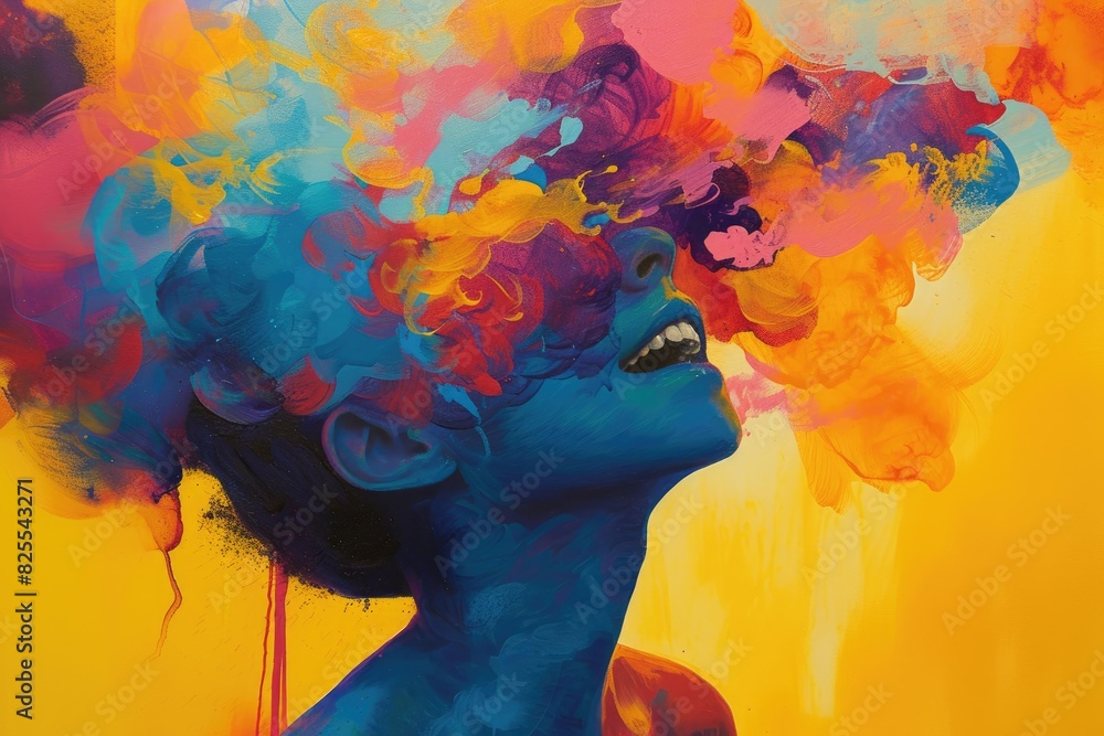 Poster the use of bright, uplifting colors to conceptualize the acceptance, and understanding of mental hea