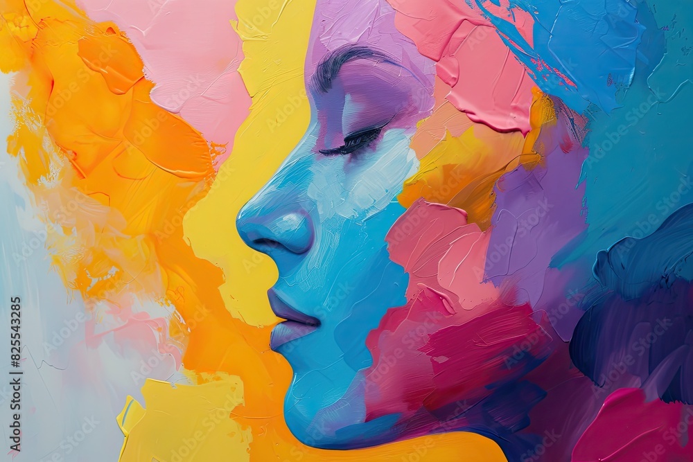 Poster the use of bright, uplifting colors to conceptualize the acceptance, and understanding of mental hea
