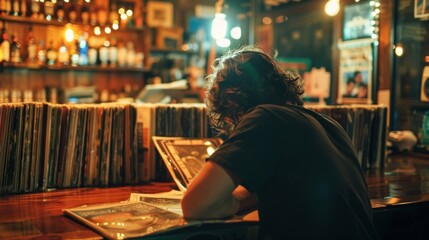 A lone customer sits at the bar intently flipping through a stack of records searching for the perfect one to add to their collection.