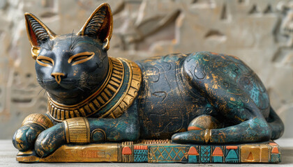 A cat statue with a necklace is a lovely sculpture symbolizing a terrestrial animal