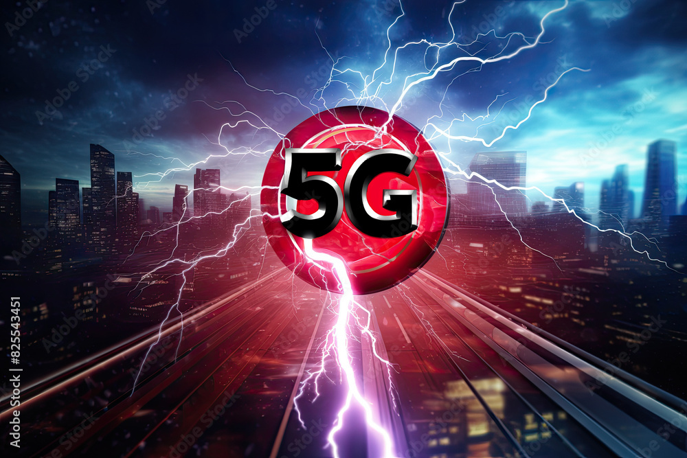 Poster a 5g network providing lightning-fast internet, 5g network tower with fast lightning background