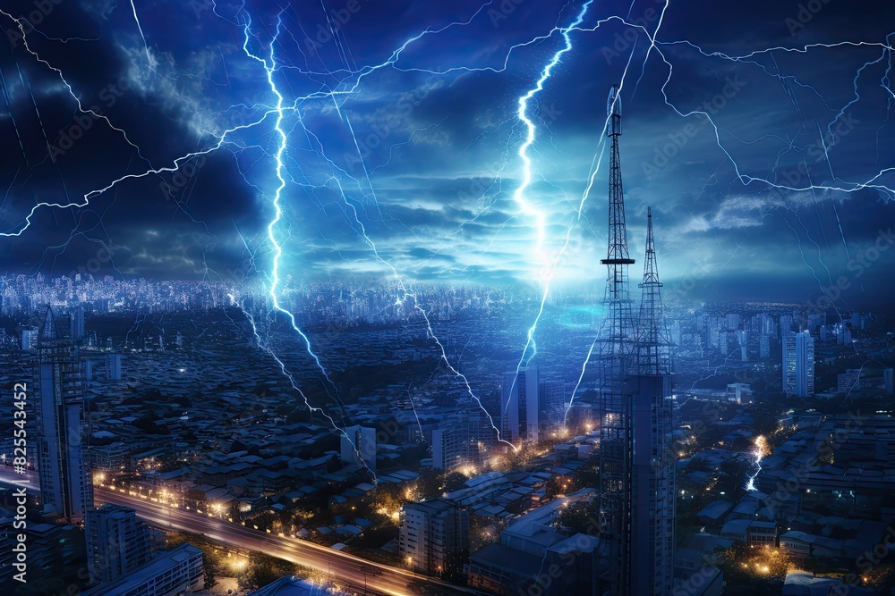 Poster a 5g network providing lightning-fast internet, 5g network tower with fast lightning background