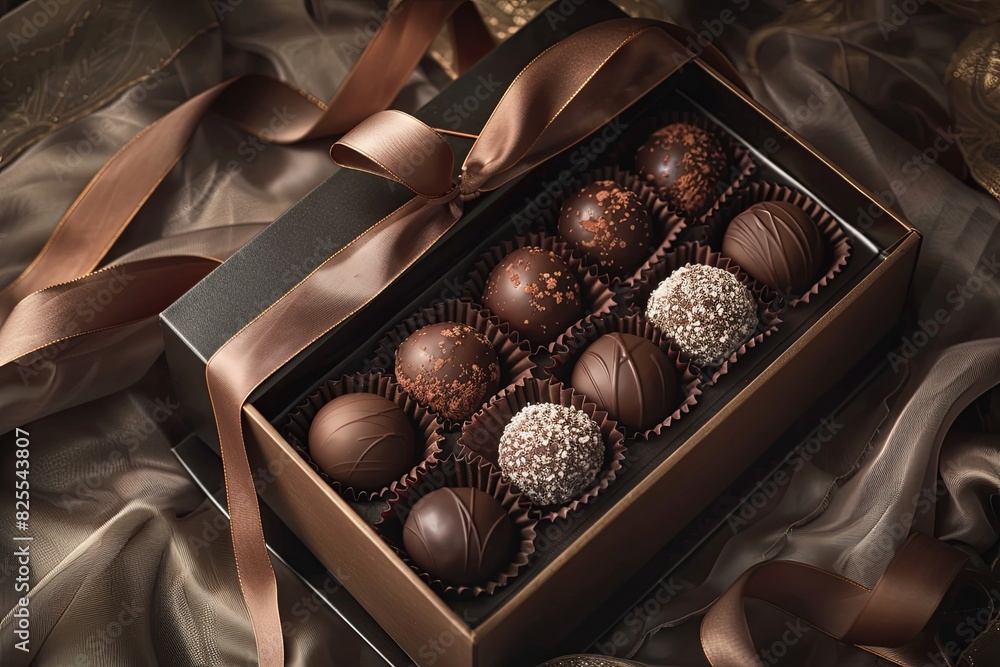 Aufkleber a luxurious box of dark chocolate truffles adorned with a ribbon. generative ai