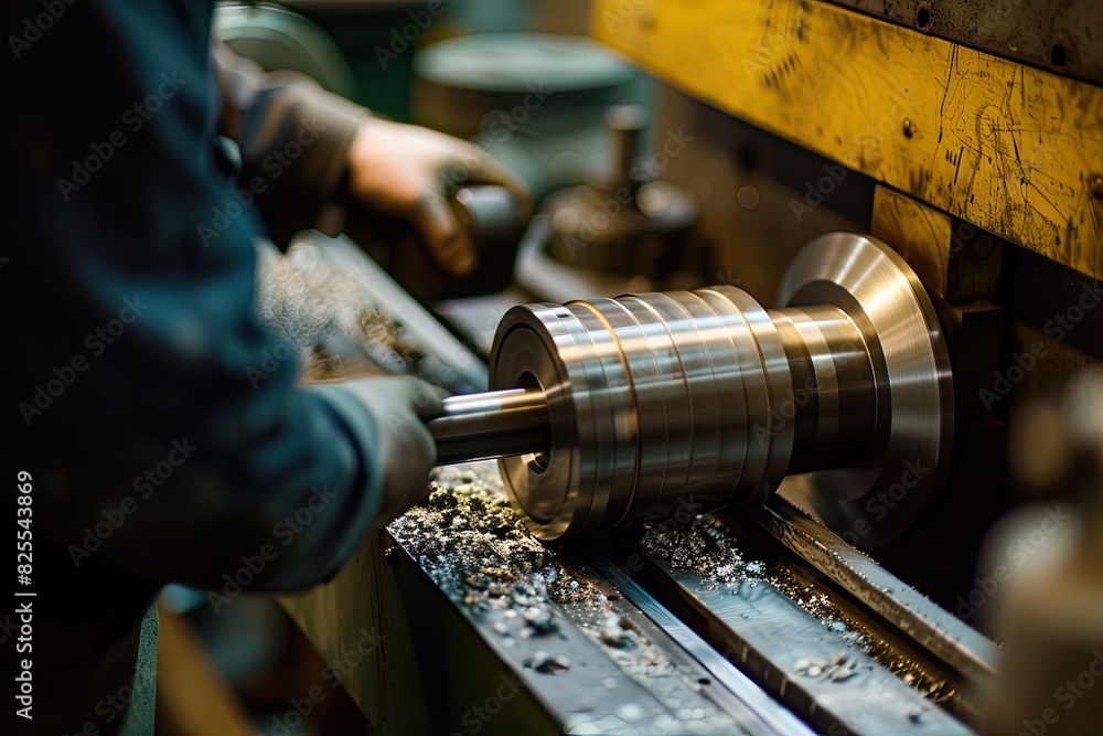 Poster Skilled worker operating a lathe, Lathe worker professionally working with metallic machine