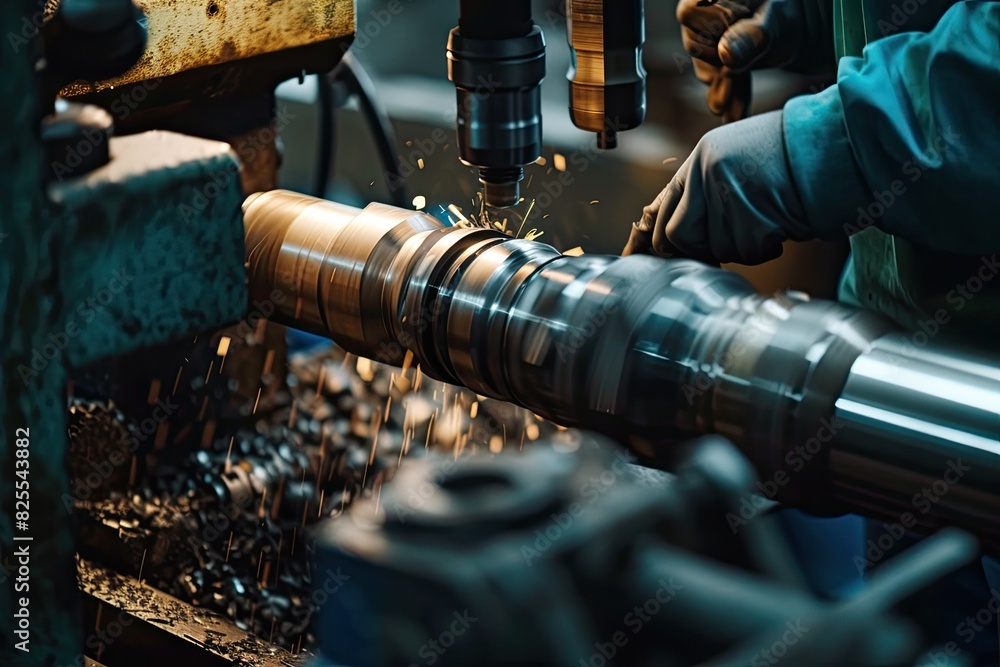 Poster Skilled worker operating a lathe, Lathe worker professionally working with metallic machine