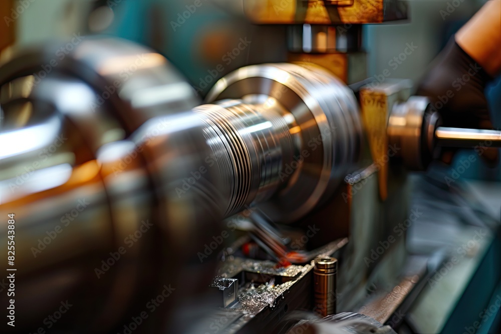 Poster Skilled worker operating a lathe, Lathe worker professionally working with metallic machine