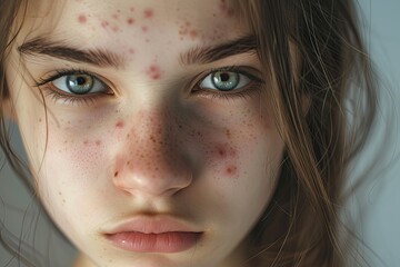 Fototapeta premium A close-up portrait of a teenage girl with acne, capturing the emotions of insecurity and self-consciousness