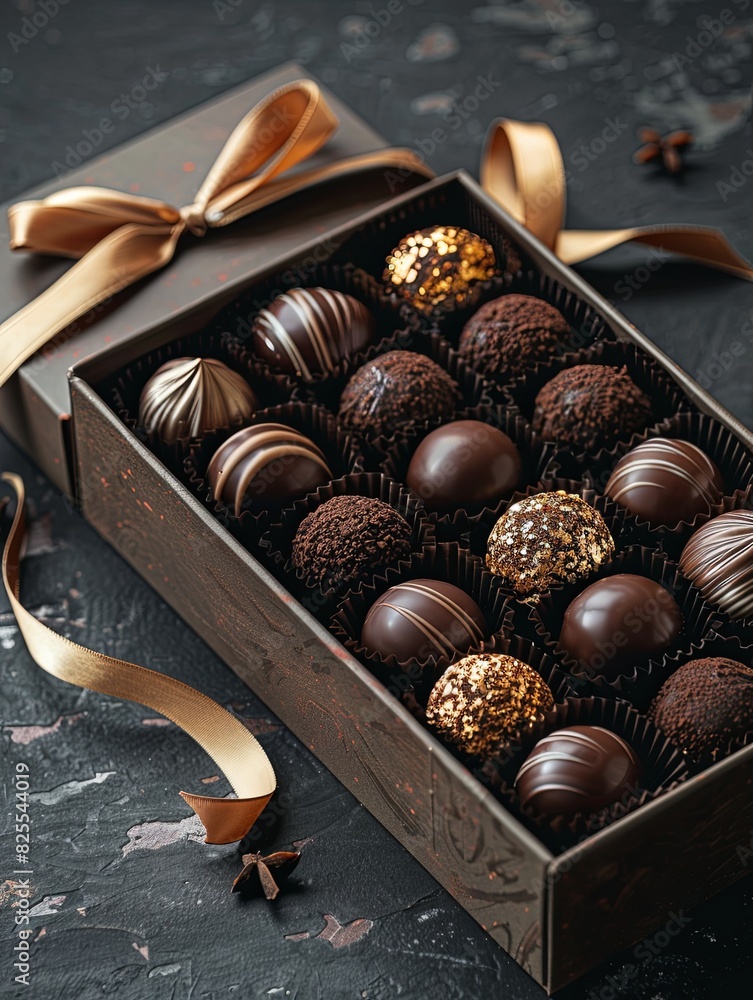 Poster Luxurious box of chocolate truffles with ribbons displayed on a table. Generative AI