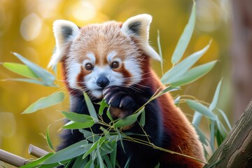 A curious red panda munching on bamboo leaves
