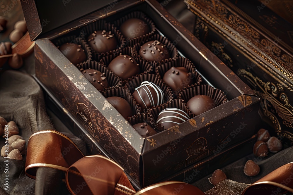Aufkleber a luxurious box of chocolate truffles with ribbons on top of a table. generative ai